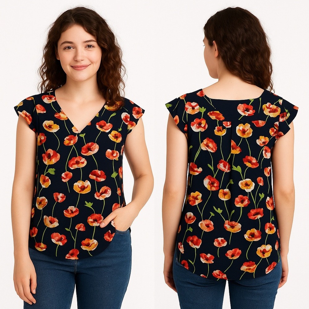 C & E Blouse Top XS Multicolor Floral Print V-Neck Cap Sleeve Ruffle Lightweight